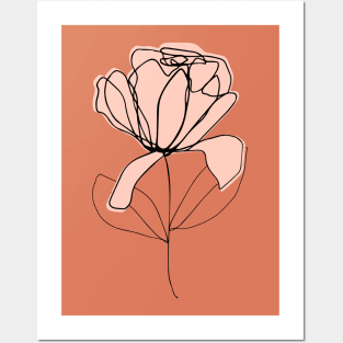 One Line Art Flower In Brown Terracotta Posters and Art